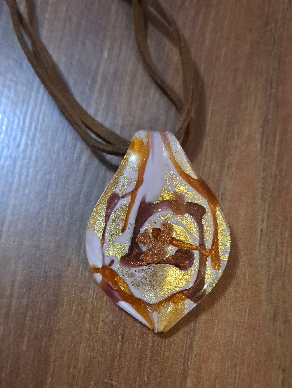Handmade Teardrop Pendant Necklace in Gold, Brown & White